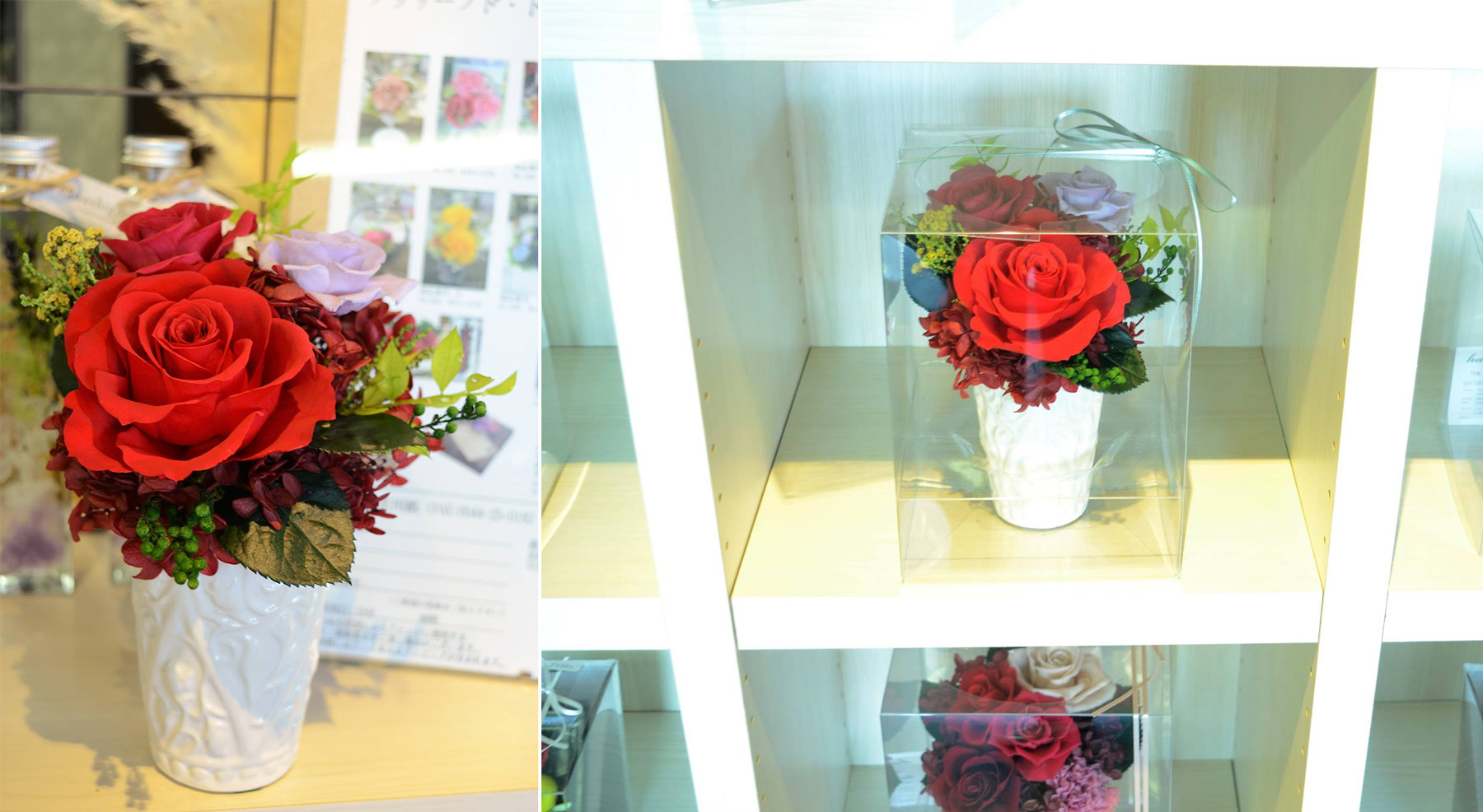 開花は３サイズの薔薇を施しお客様に目を惹く挿し方、ケースに入れて店頭へ並べてみました。